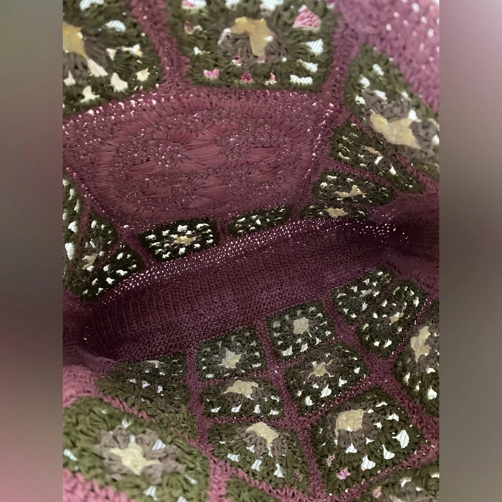 Tory Burch Pink & Green Raffia Hand Crochet Tote Bag